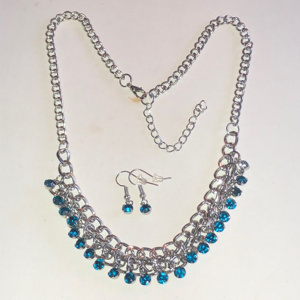 Silver Tone Chain Necklace and Earring Set with Blue Crystal Accents